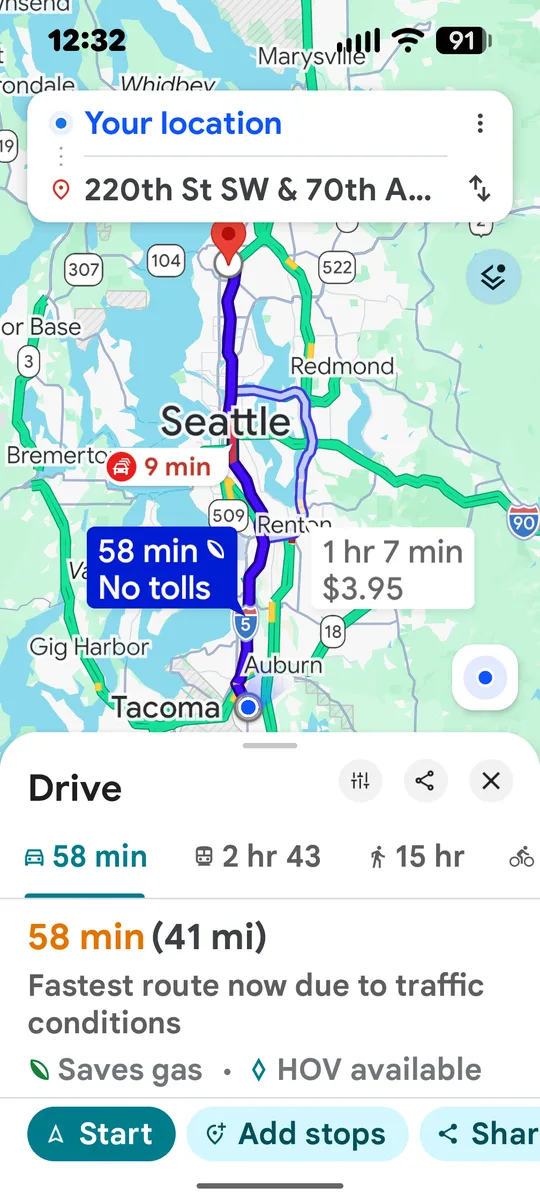 Phone navigation app opened from StackStats Geo, showing a driving route from the user's location to the selected poker room