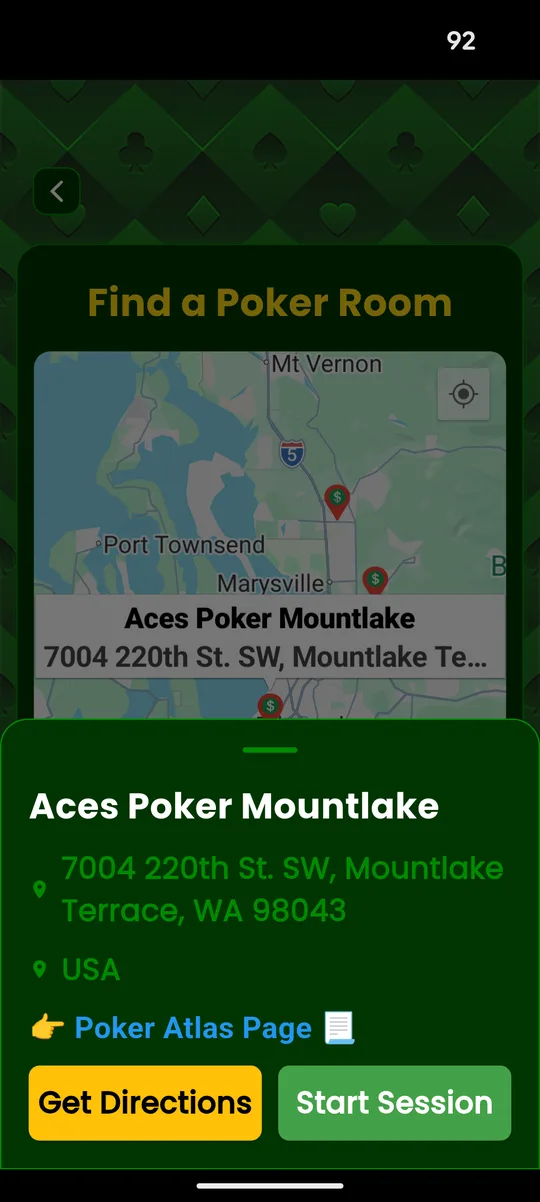 StackStats Geo room details panel for Aces Poker Mountlake showing the address, a Poker Atlas Page link, and Get Directions and Start Session buttons