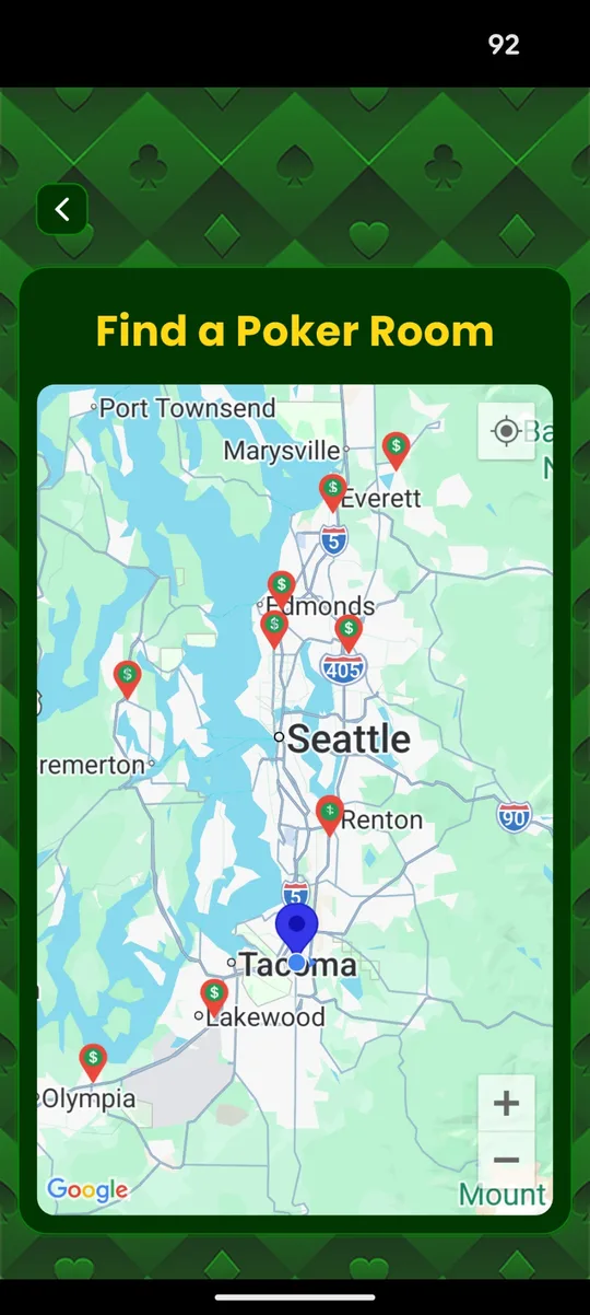 StackStats Geo "Find a Poker Room" map centered on the user's location, with poker room pins around the Seattle and Tacoma area