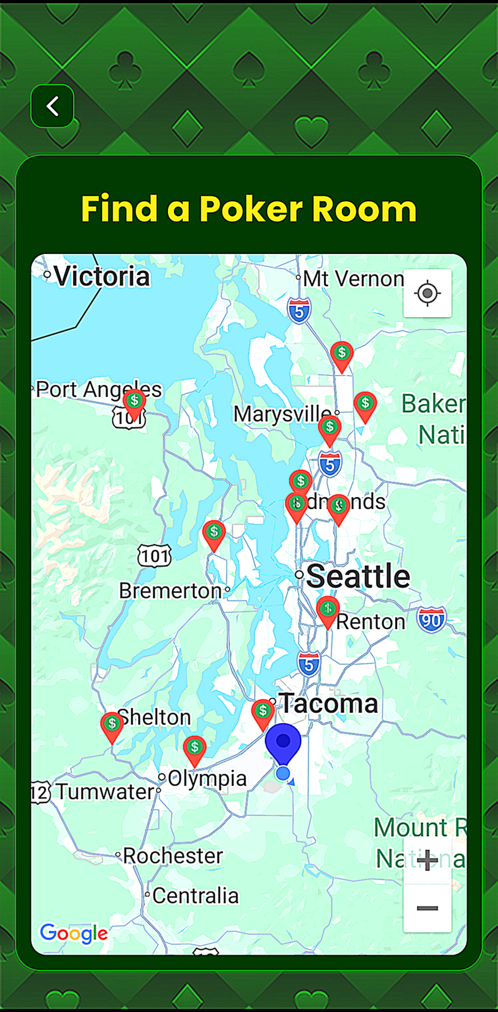 StackStats Geo GPS map showing nearby poker room locations
