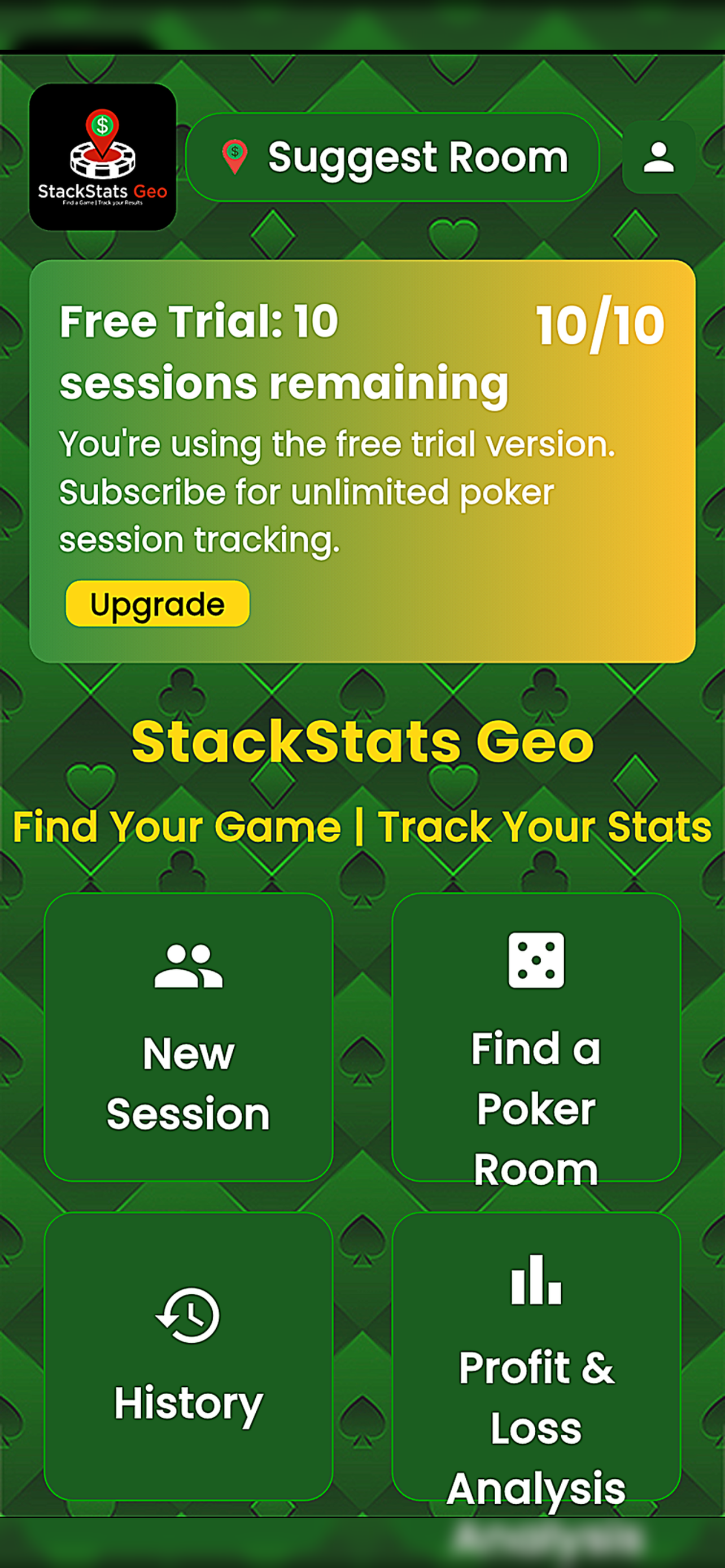 StackStats Geo home screen showing New Session, Find a Poker Room, History, and Profit & Loss Analysis buttons