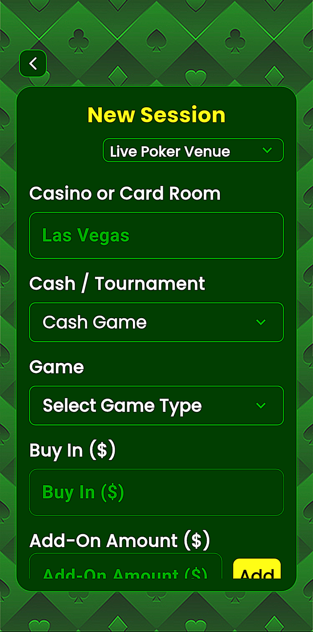 StackStats Geo new session entry form with venue, game type, buy-in fields