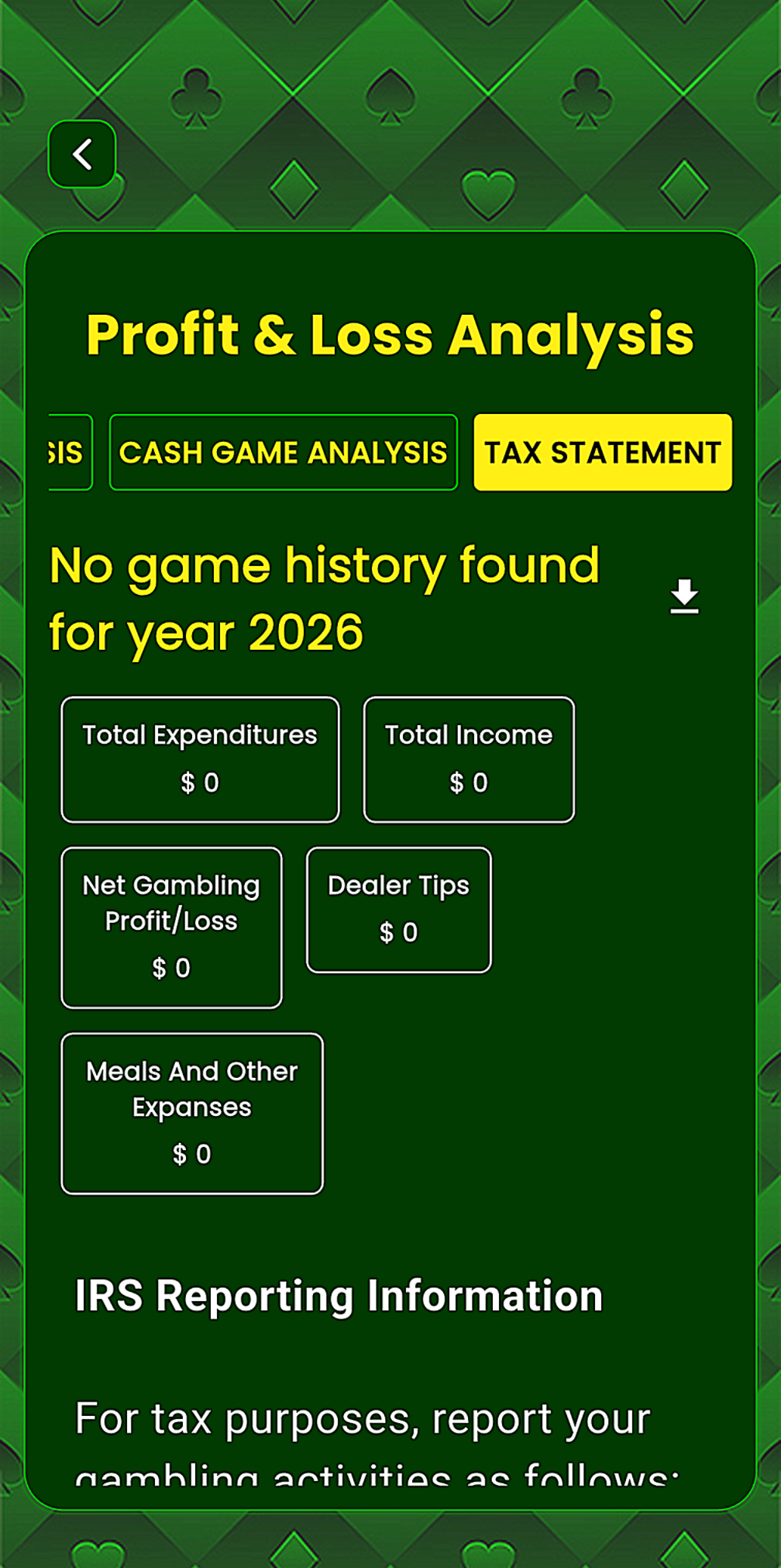 StackStats Geo annual gambling P&L tax statement